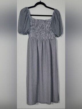 Hem & Thread Gingham Smocked Midi Dress Size Medium Black White Puff Sleeve